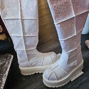 Demonia Sparkling Over the Knee Boots - Silver